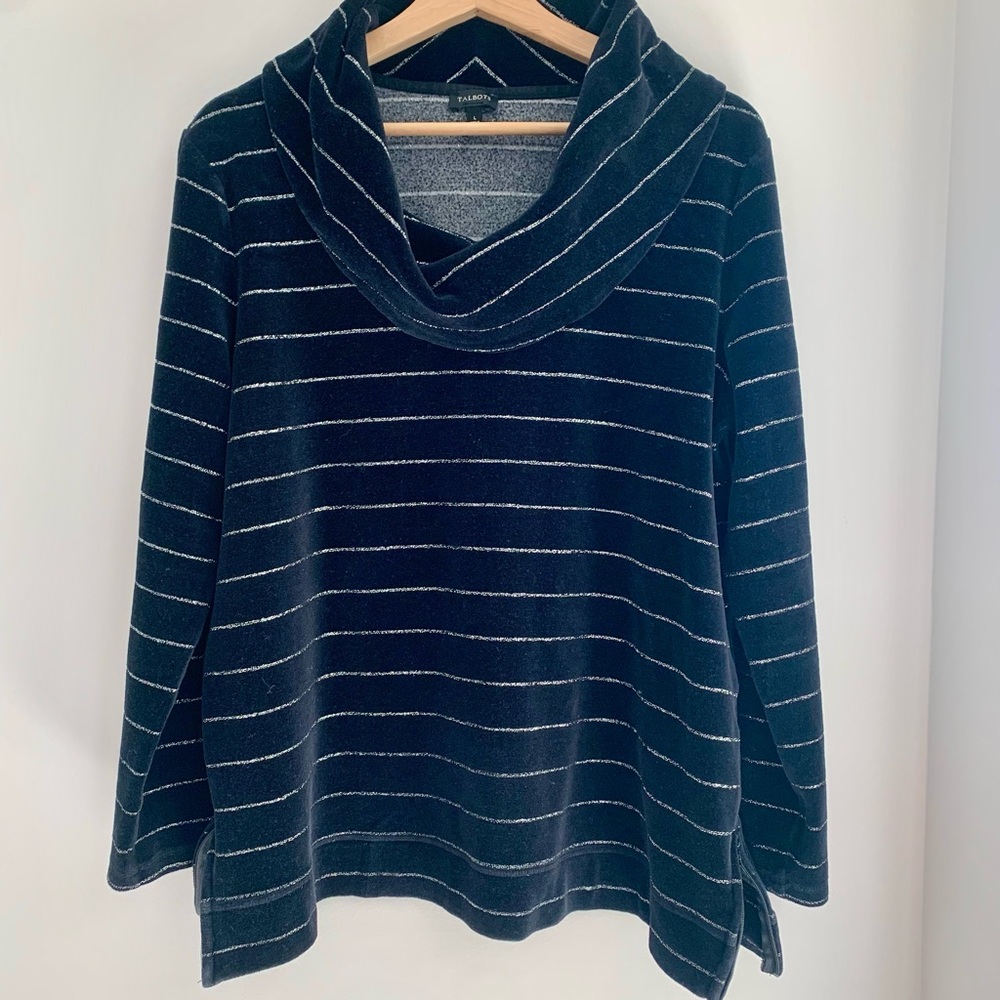 Talbots Velvet Black and Silver Striped Cowl Neck Sweater